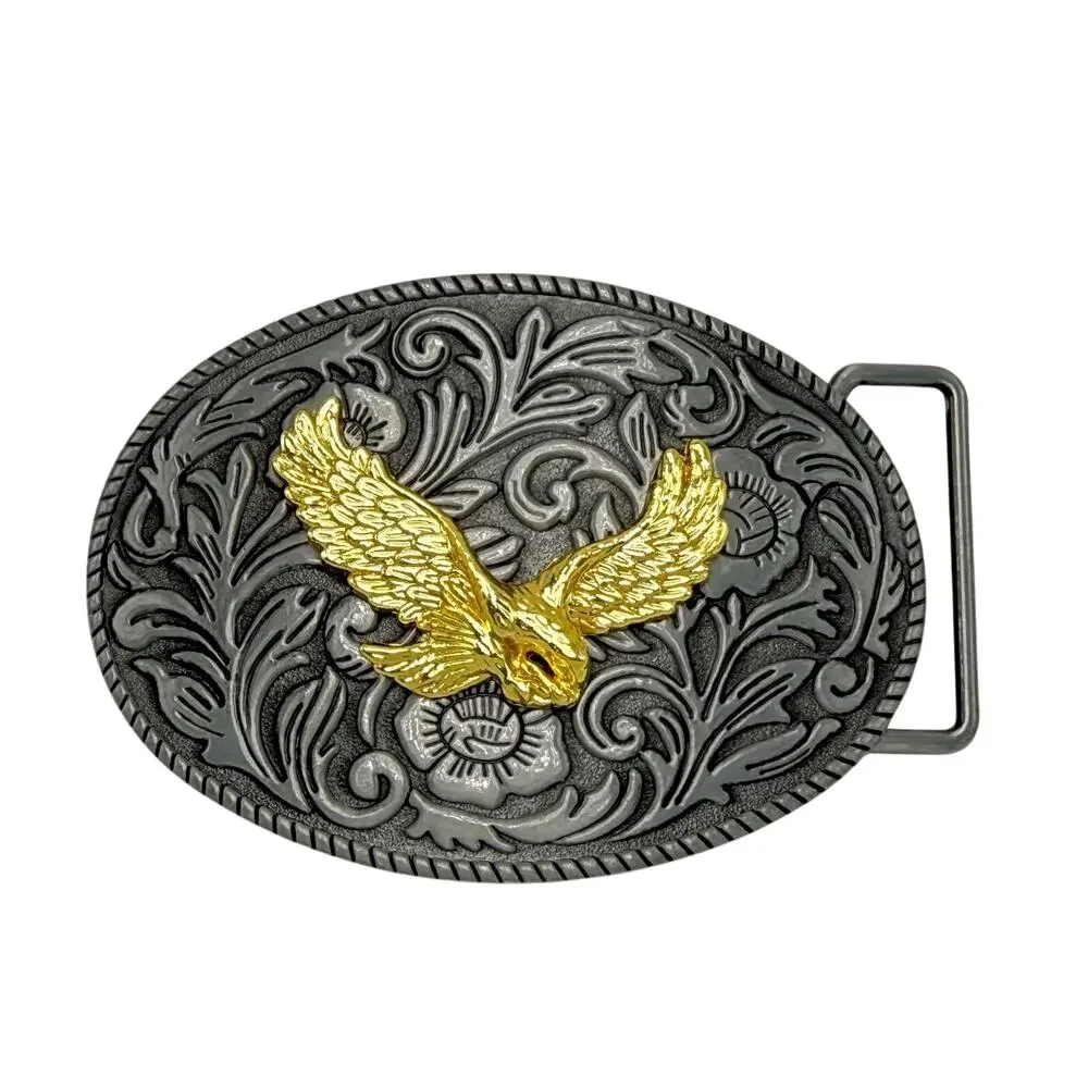 Gold Eagle Oval Western Belt Buckle Silver Tang Grass Design Rodeo Cowboy